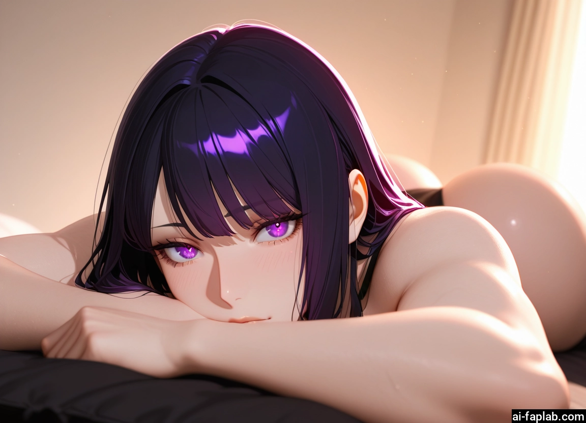 1girl, purple eyes, solo, looking at viewer, lying, ass · Yamete.gg
