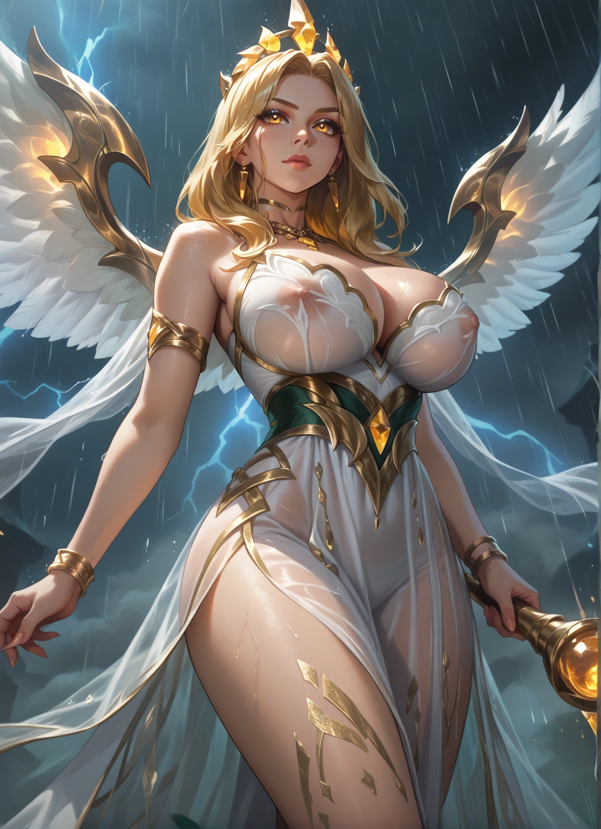 1girl, breasts, blonde hair, solo, jewelry, rain · Yamete.gg