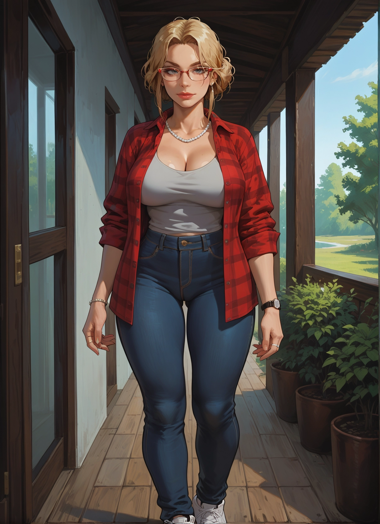 1girl, breasts, jewelry, blonde hair, pants, glasses · Yamete.gg