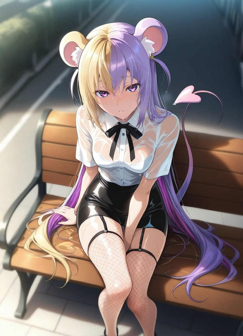 1girl, solo, tail, thighhighs, shirt, fishnets · Yamete.gg