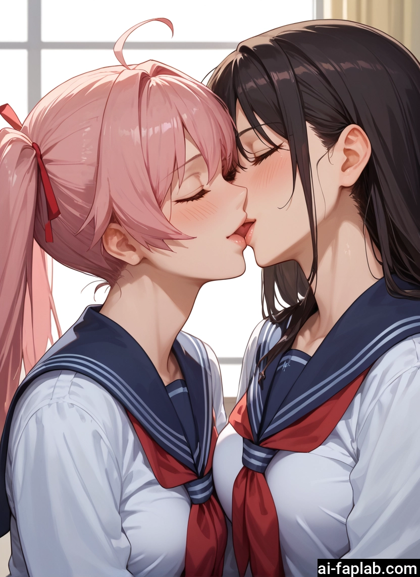 multiple girls, 2girls, yuri, pink hair, school uniform, closed eyes