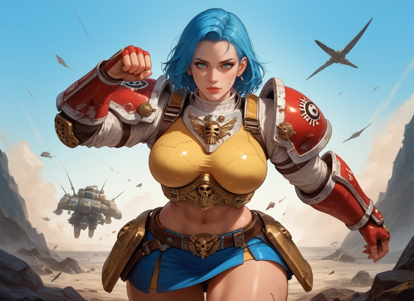 1girl, breasts, skirt, navel, blue eyes, blue hair · Yamete.gg