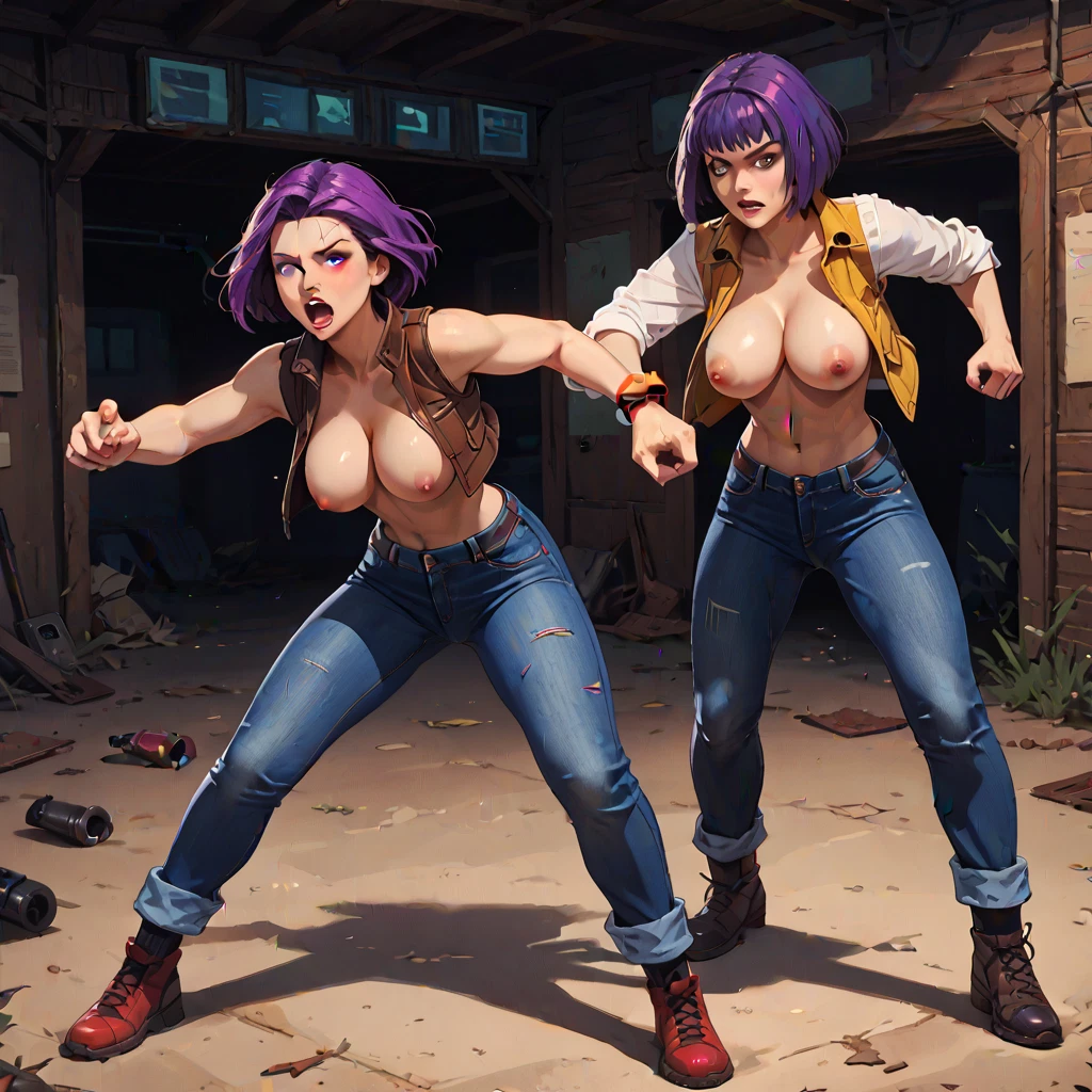 breasts, multiple girls, 2girls, nipples, denim, pants · Yamete.gg