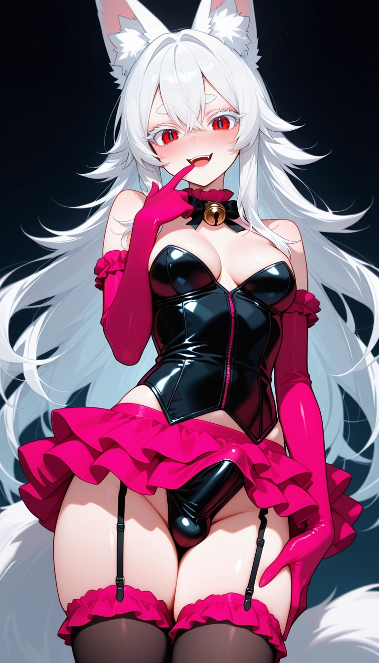 1girl, thighhighs, gloves, pink gloves, solo, red eyes