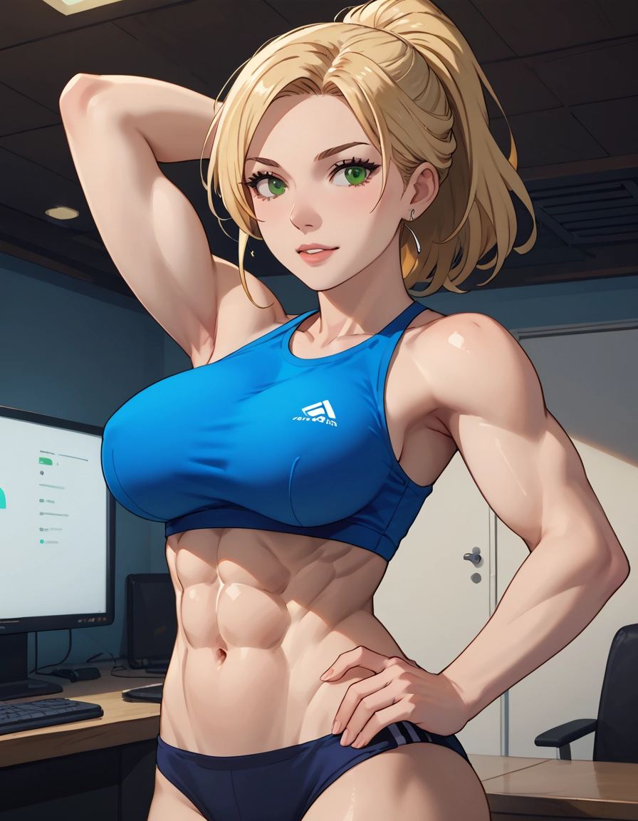 1girl, abs, breasts, green eyes, muscular female, solo · Yamete.gg