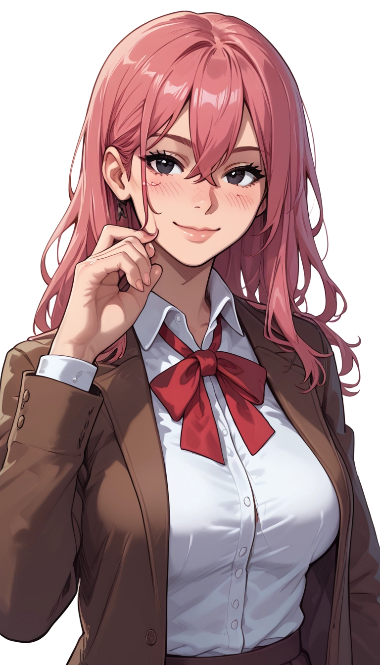 1girl, solo, pink hair, blush, shirt, breasts · Yamete.gg