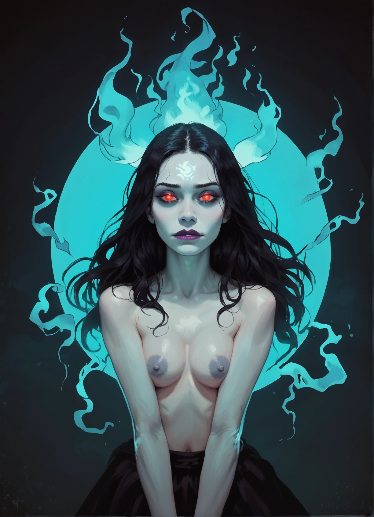 1girl, breasts, solo, nipples, black hair, red eyes