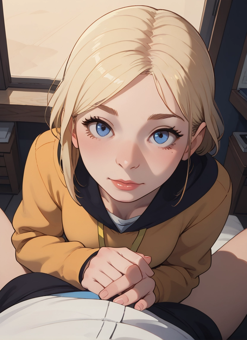 1girl, pov, blonde hair, blue eyes, looking at viewer, 1boy