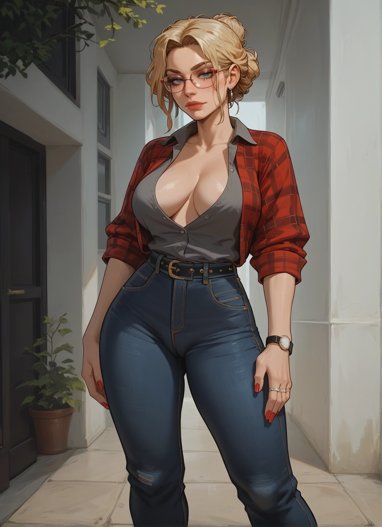 1girl, breasts, blonde hair, pants, jewelry, glasses · Yamete.gg