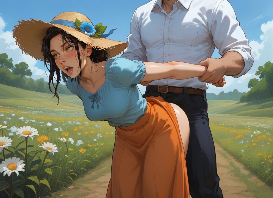 1girl, hat, 1boy, flower, outdoors, shirt · Yamete.gg