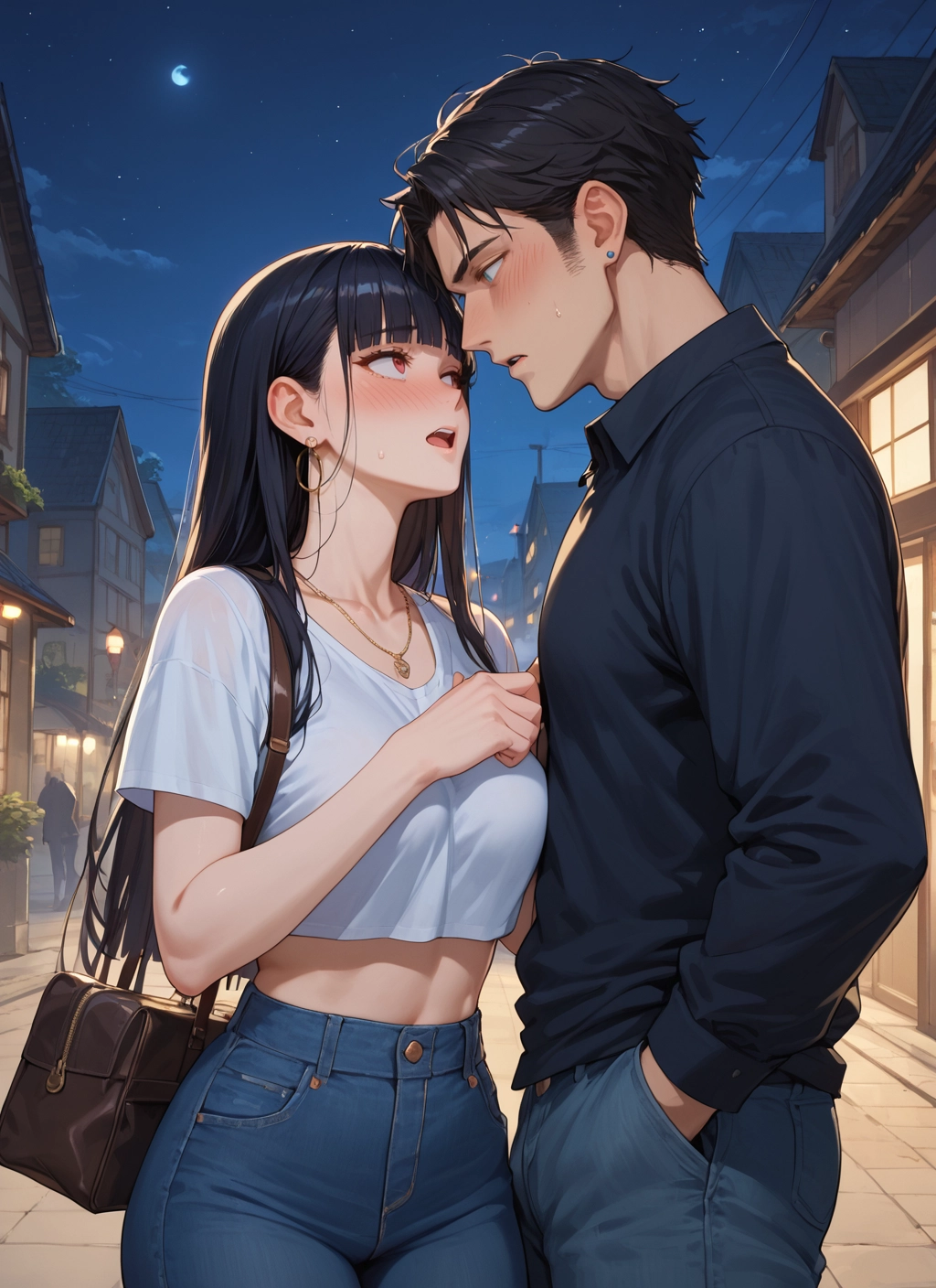 1girl, 1boy, black hair, jewelry, earrings, long hair · Yamete.gg