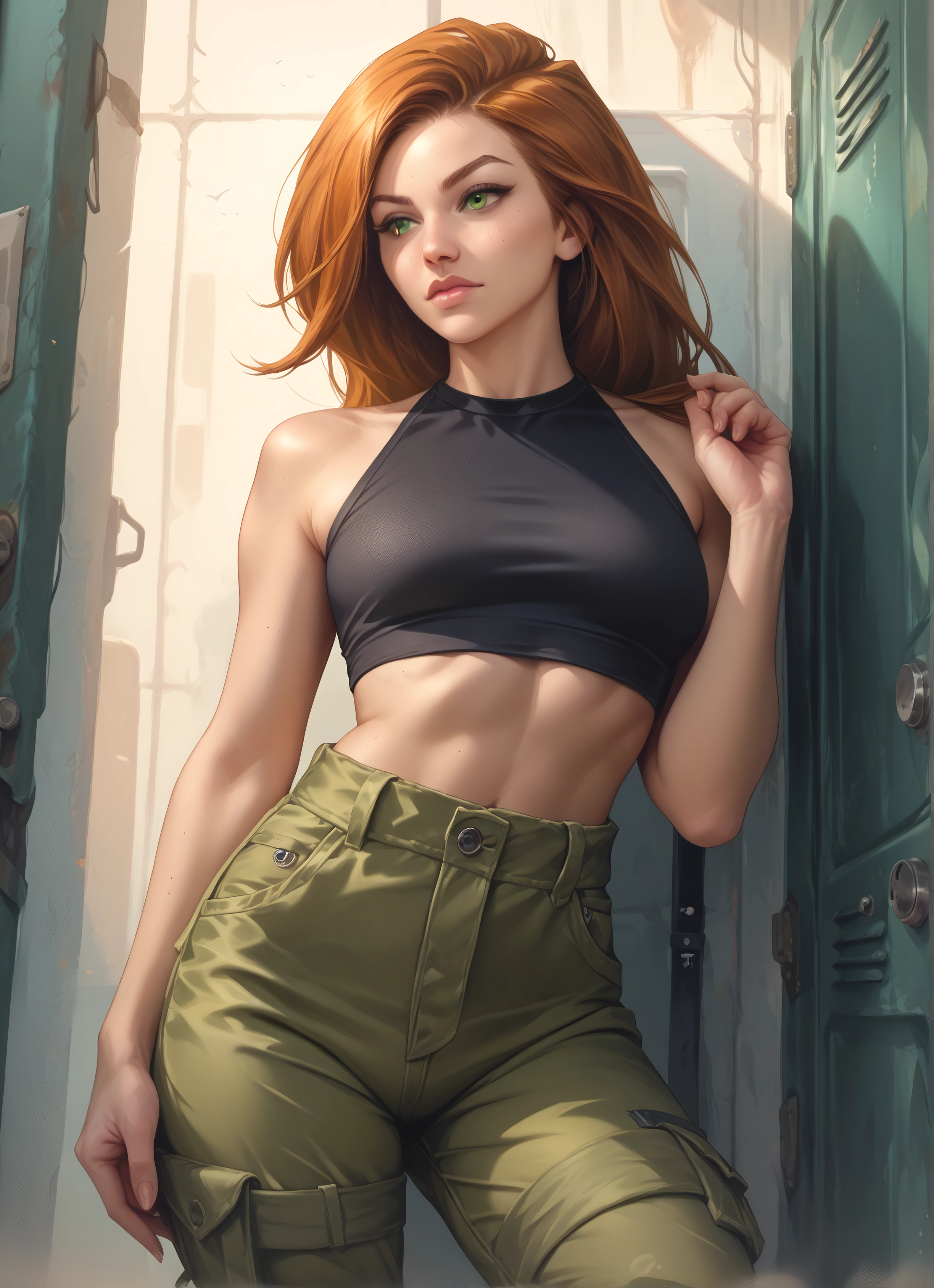 1girl, green eyes, solo, pants, breasts, midriff · Yamete.gg