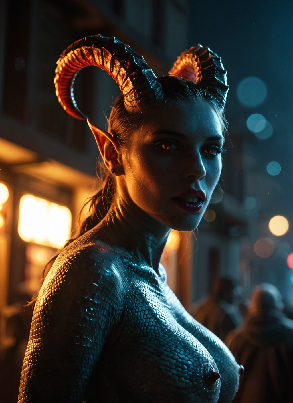 horns, 1girl, breasts, pointy ears, nipples, looking at viewer · Yamete.gg