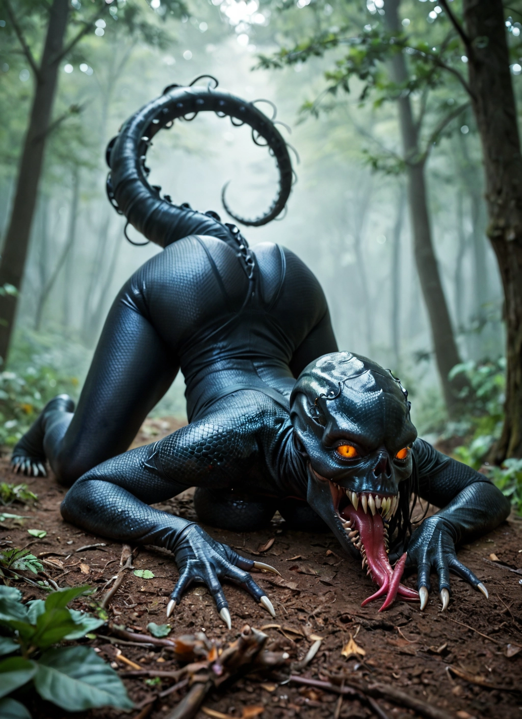 tail, 1girl, solo, nature, tongue, sharp teeth · Yamete.gg