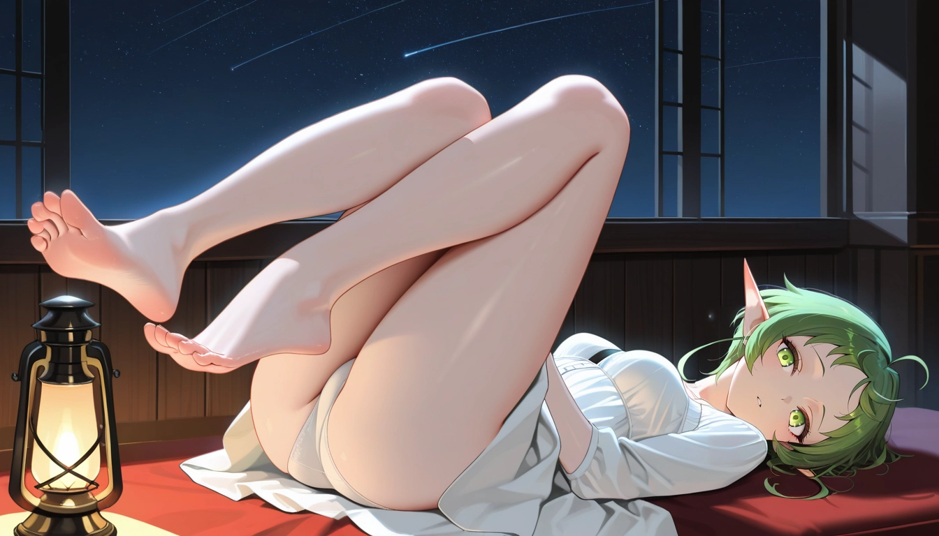 1girl, feet, pointy ears, green hair, solo, barefoot · Yamete.gg