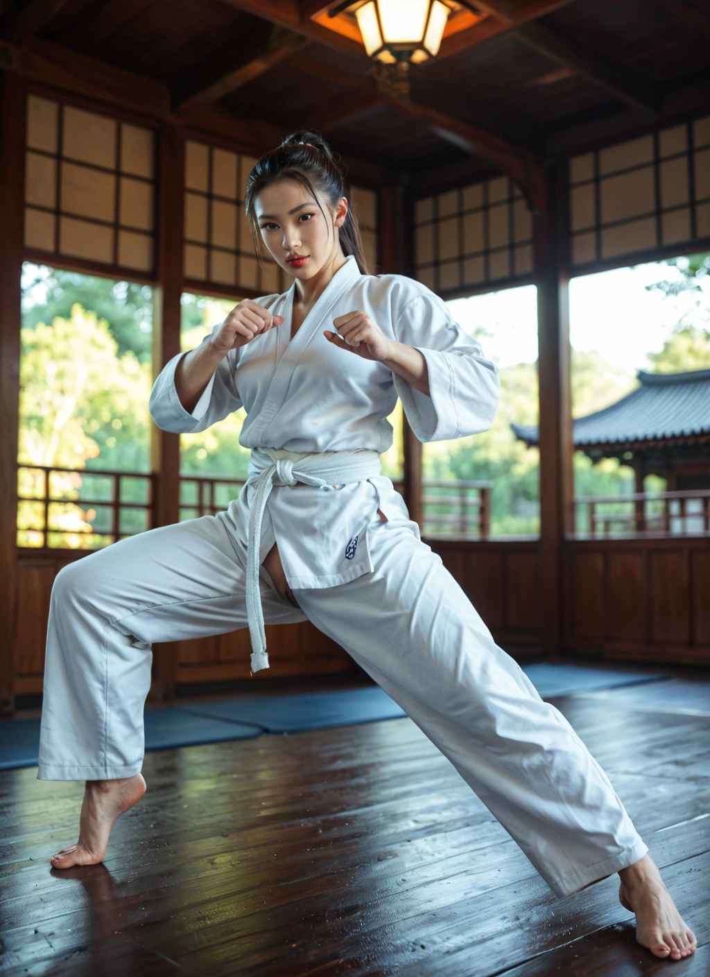 1girl, barefoot, solo, dougi, fighting stance, ponytail