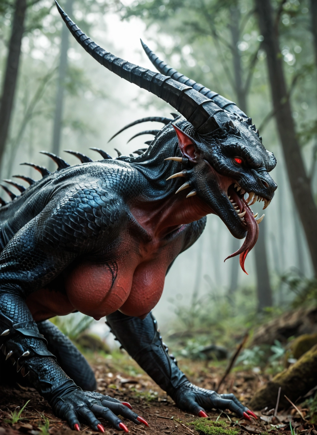 breasts, tongue, horns, nature, 1girl, forest · Yamete.gg