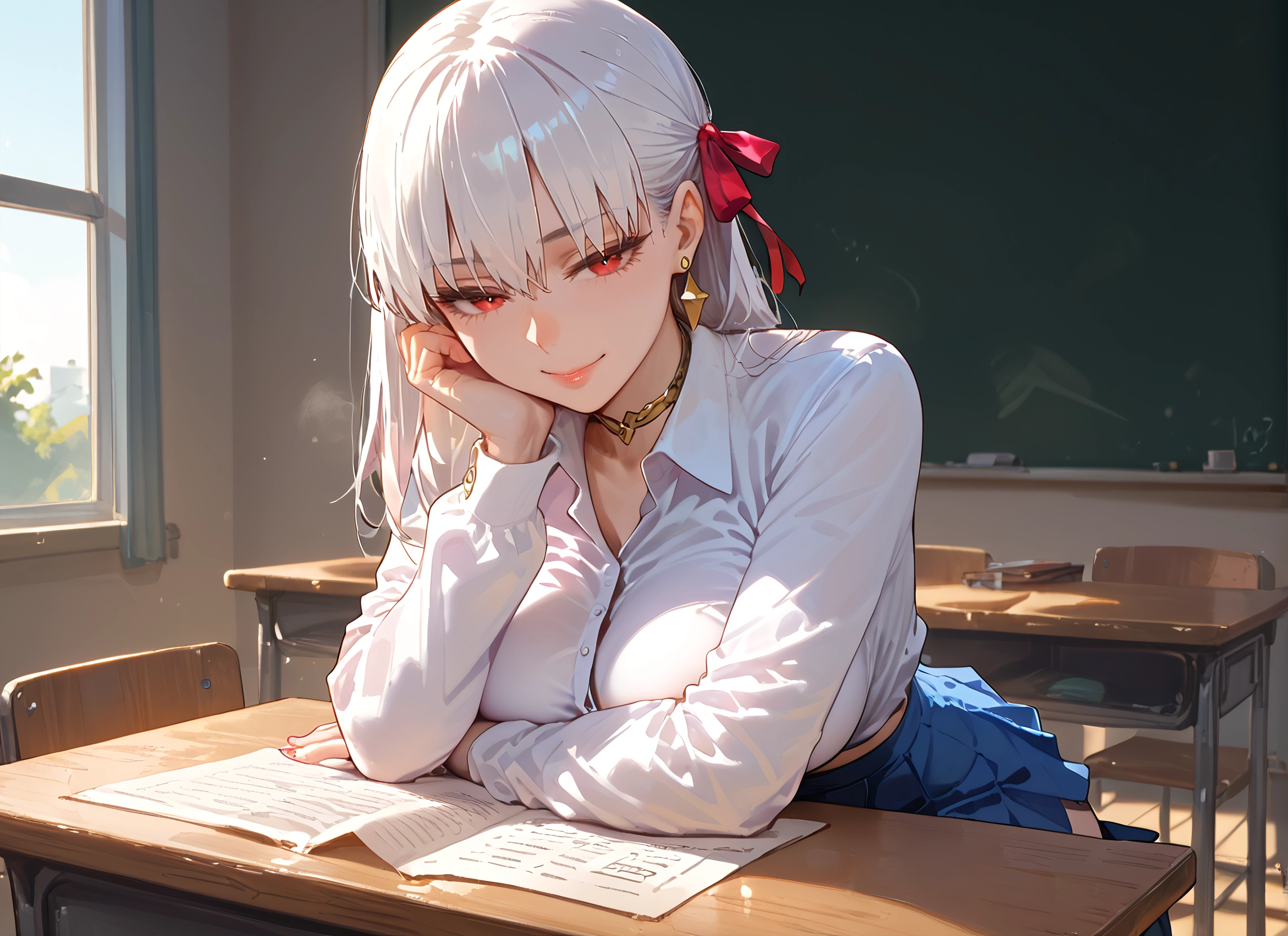 1girl, red eyes, breasts, skirt, ribbon, jewelry · Yamete.gg