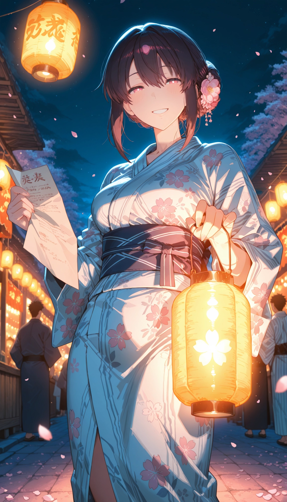 japanese clothes, kimono, smile, lantern, night, hair ornament · Yamete.gg