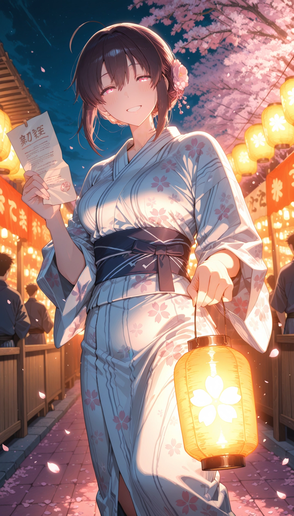 kimono, japanese clothes, smile, 1girl, outdoors, ahoge · Yamete.gg