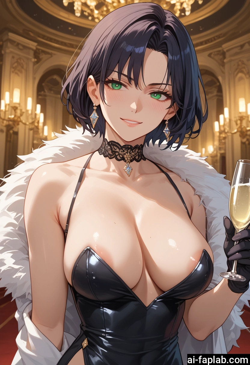 breasts, 1girl, gloves, jewelry, green eyes, earrings · Yamete.gg