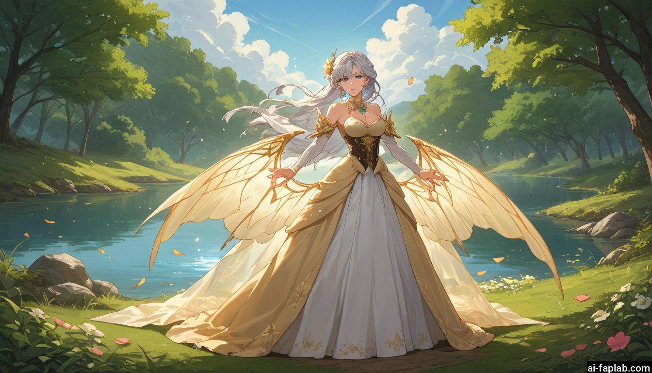 1girl, breasts, dress, wings, solo, long hair · Yamete.gg