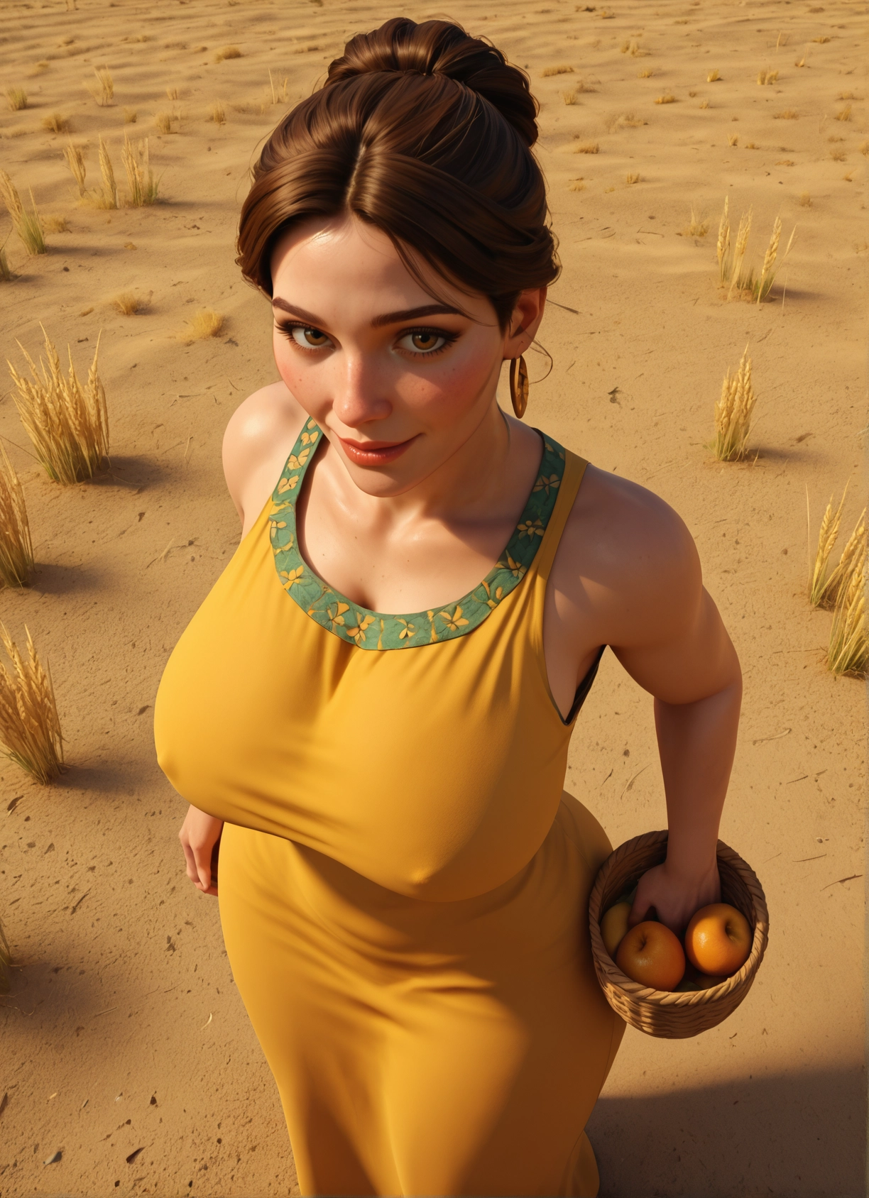 1girl, basket, solo, breasts, dress, fruit · Yamete.gg