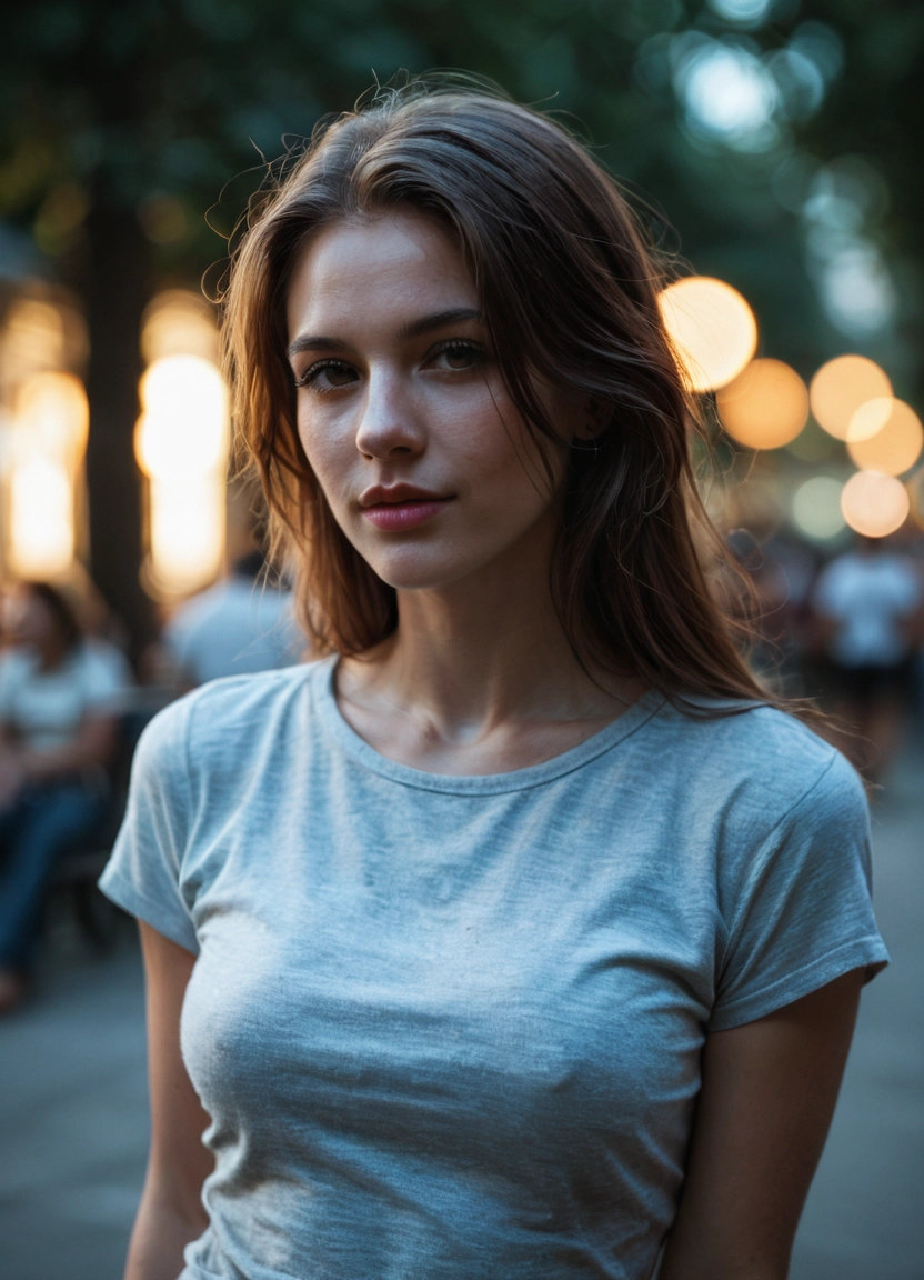 realistic, 1girl, blurry, shirt, blurry background, looking at viewer