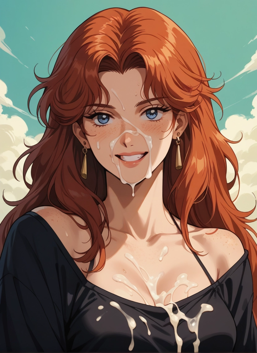 1girl, freckles, cum, breasts, solo, earrings · Yamete.gg