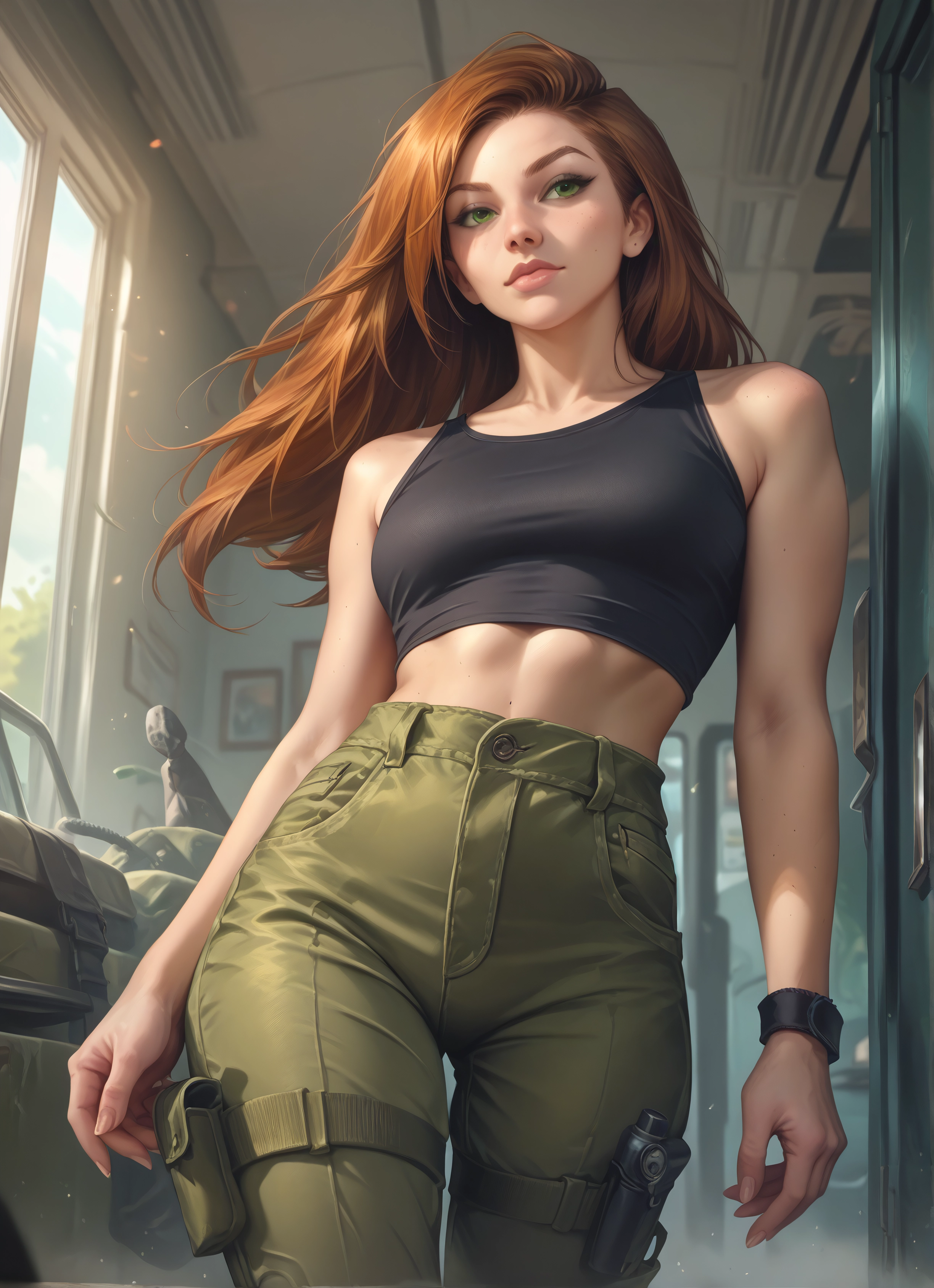 1girl, green eyes, weapon, gun, pants, long hair · Yamete.gg