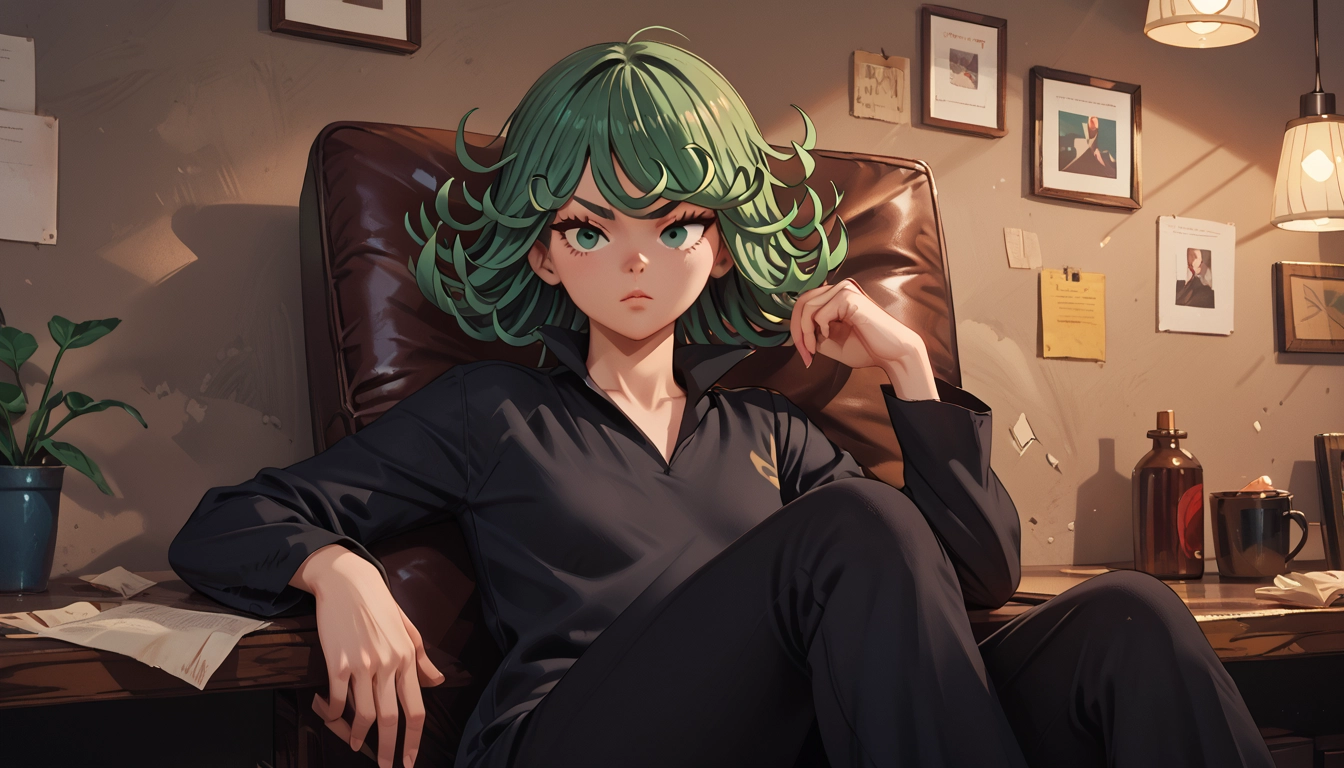 1girl, green hair, solo, dress, green eyes, black dress · Yamete.gg