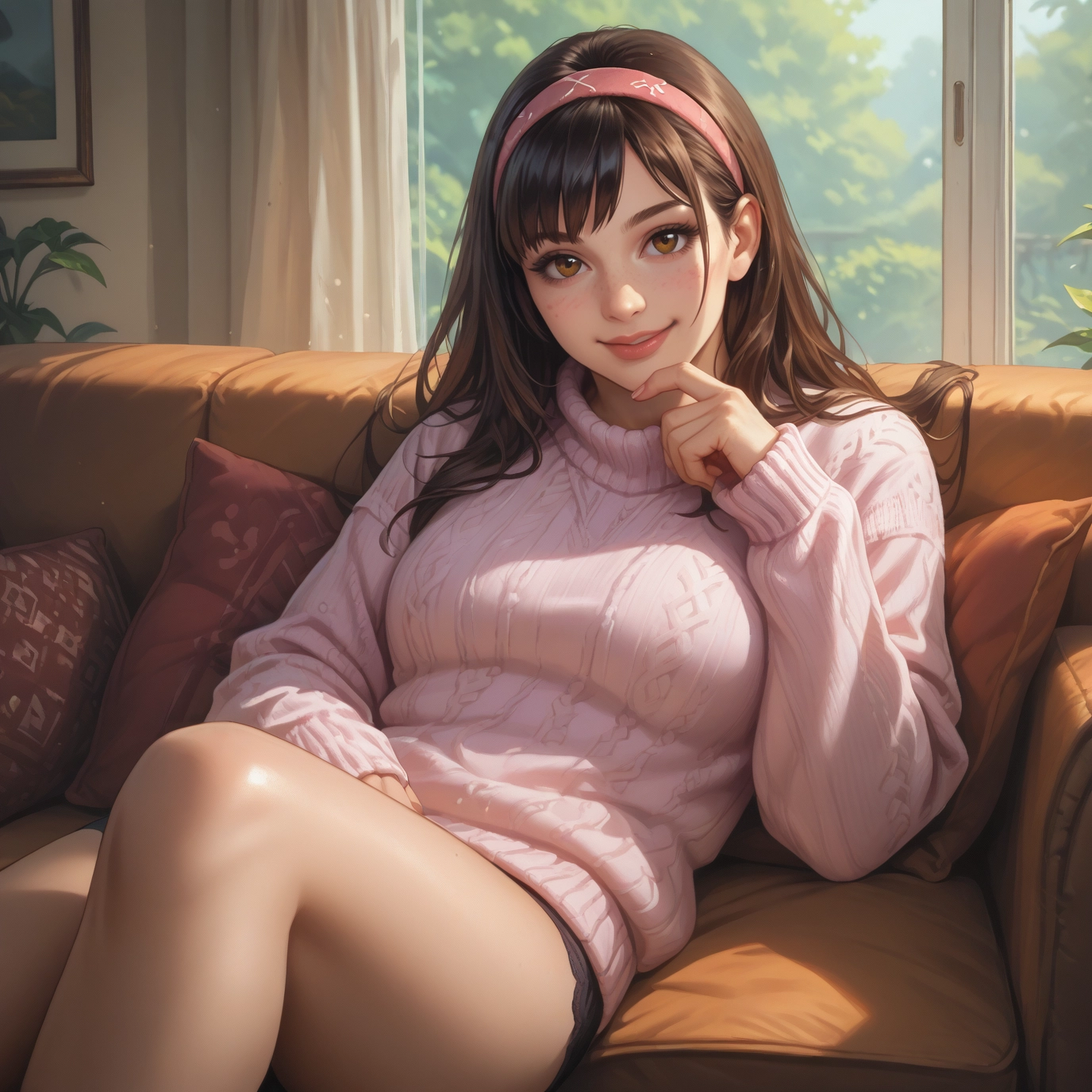 1girl, solo, sweater, hairband, looking at viewer, brown hair · Yamete.gg