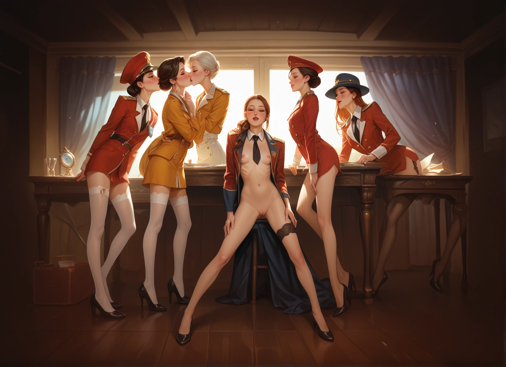 multiple girls, thighhighs, nipples, high heels, pussy, yuri · Yamete.gg