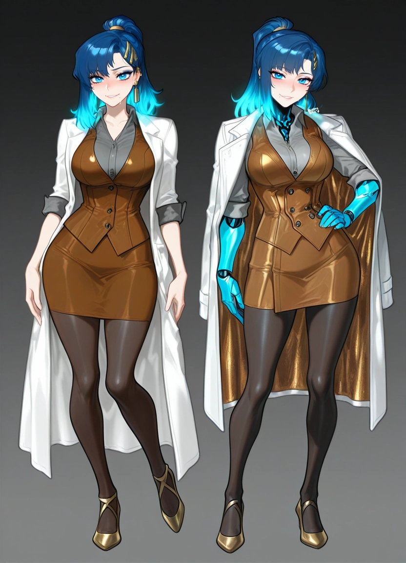 1girl, pantyhose, blue hair, blue eyes, skirt, multiple views · Yamete.gg