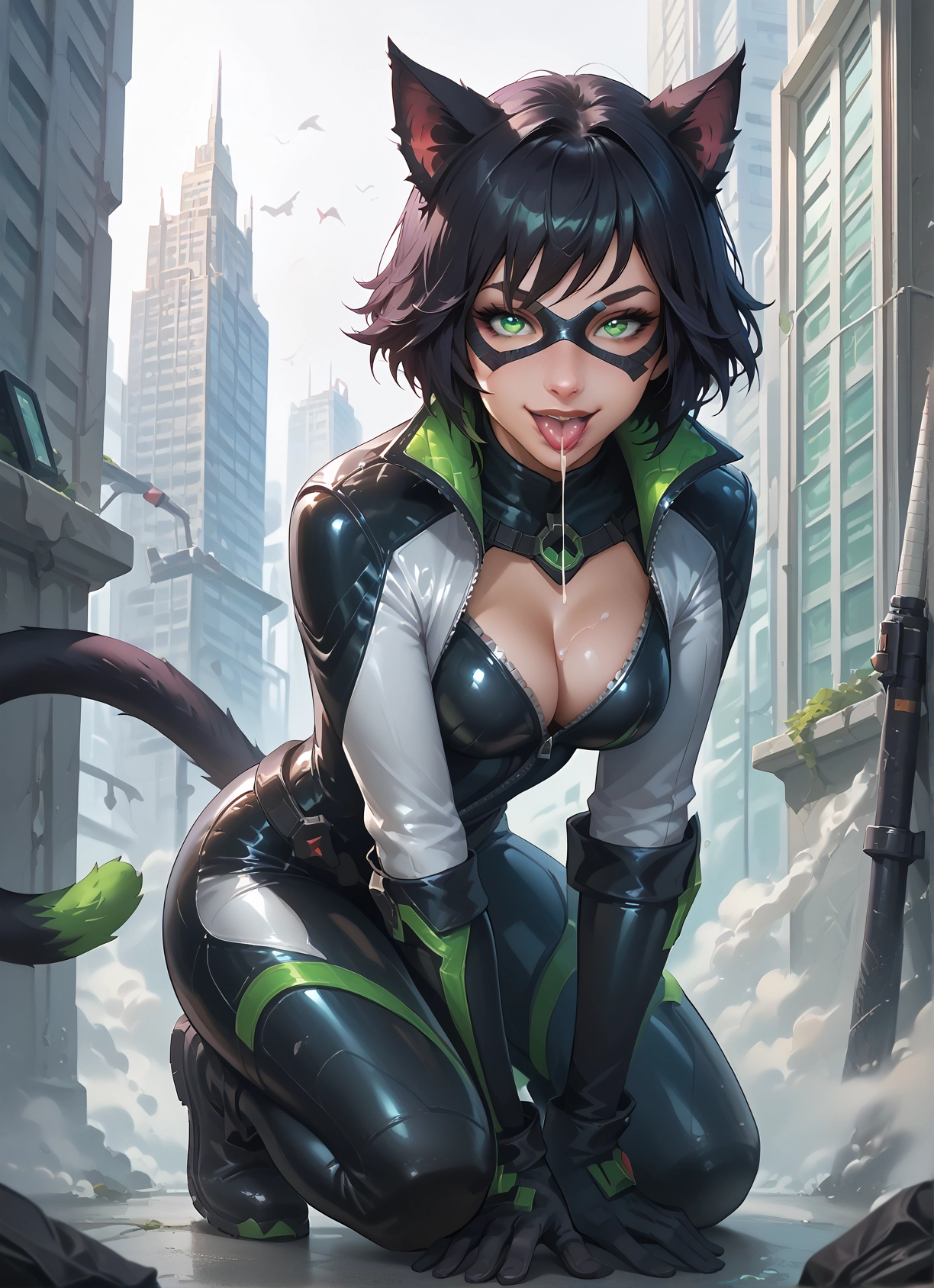1girl, breasts, animal ears, tail, green eyes, cat ears · Yamete.gg