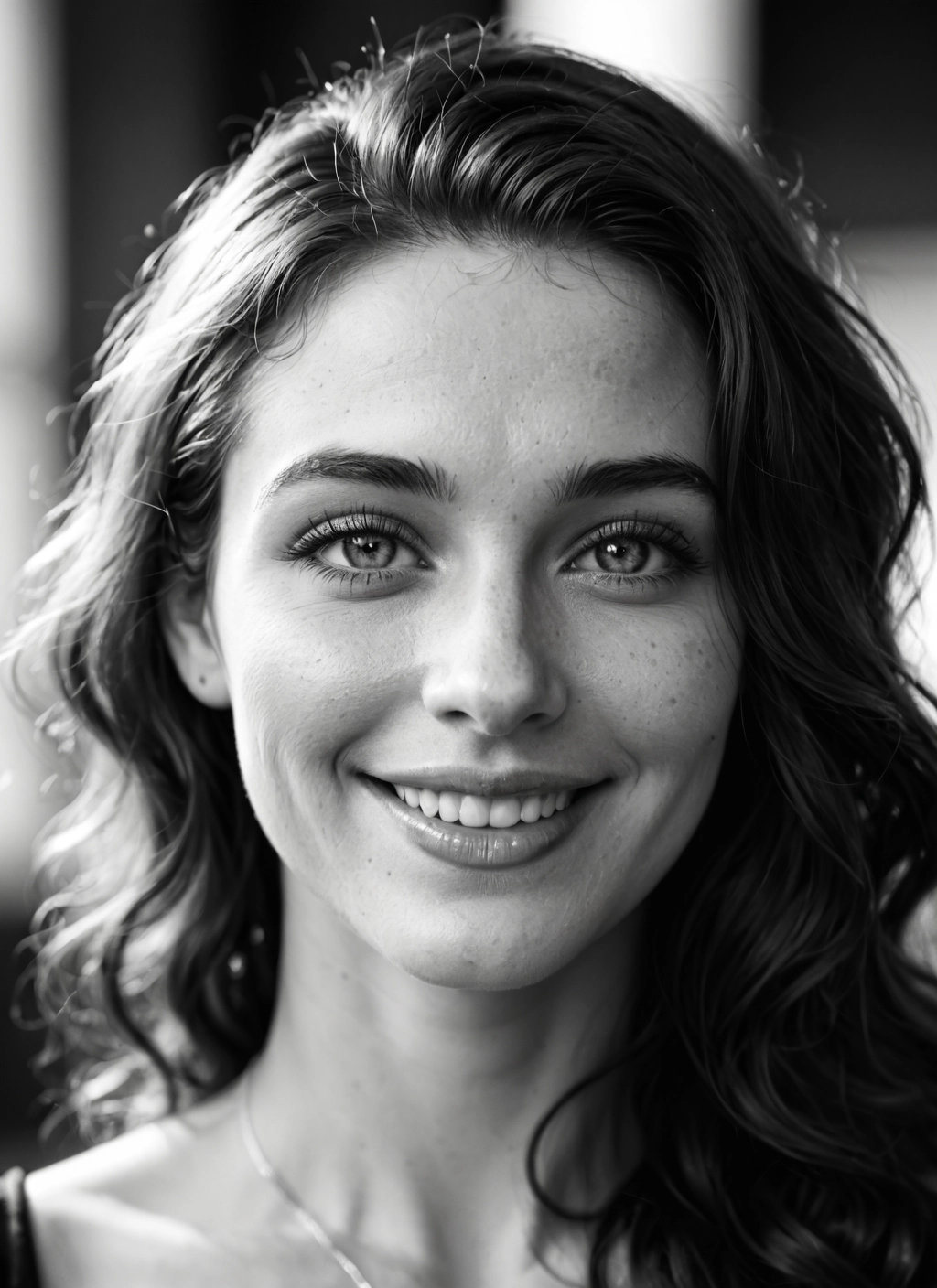 greyscale, monochrome, 1girl, solo, smile, freckles · Yamete.gg