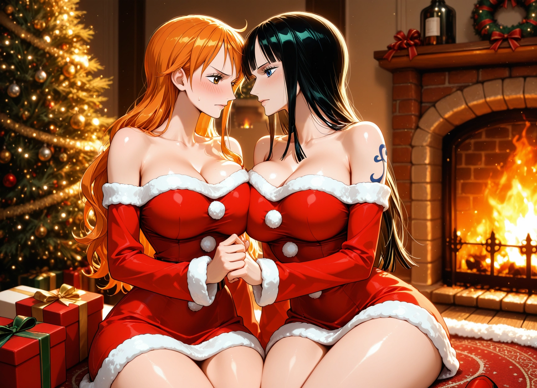 breasts, multiple girls, 2girls, large breasts, fireplace, gift · Yamete.gg