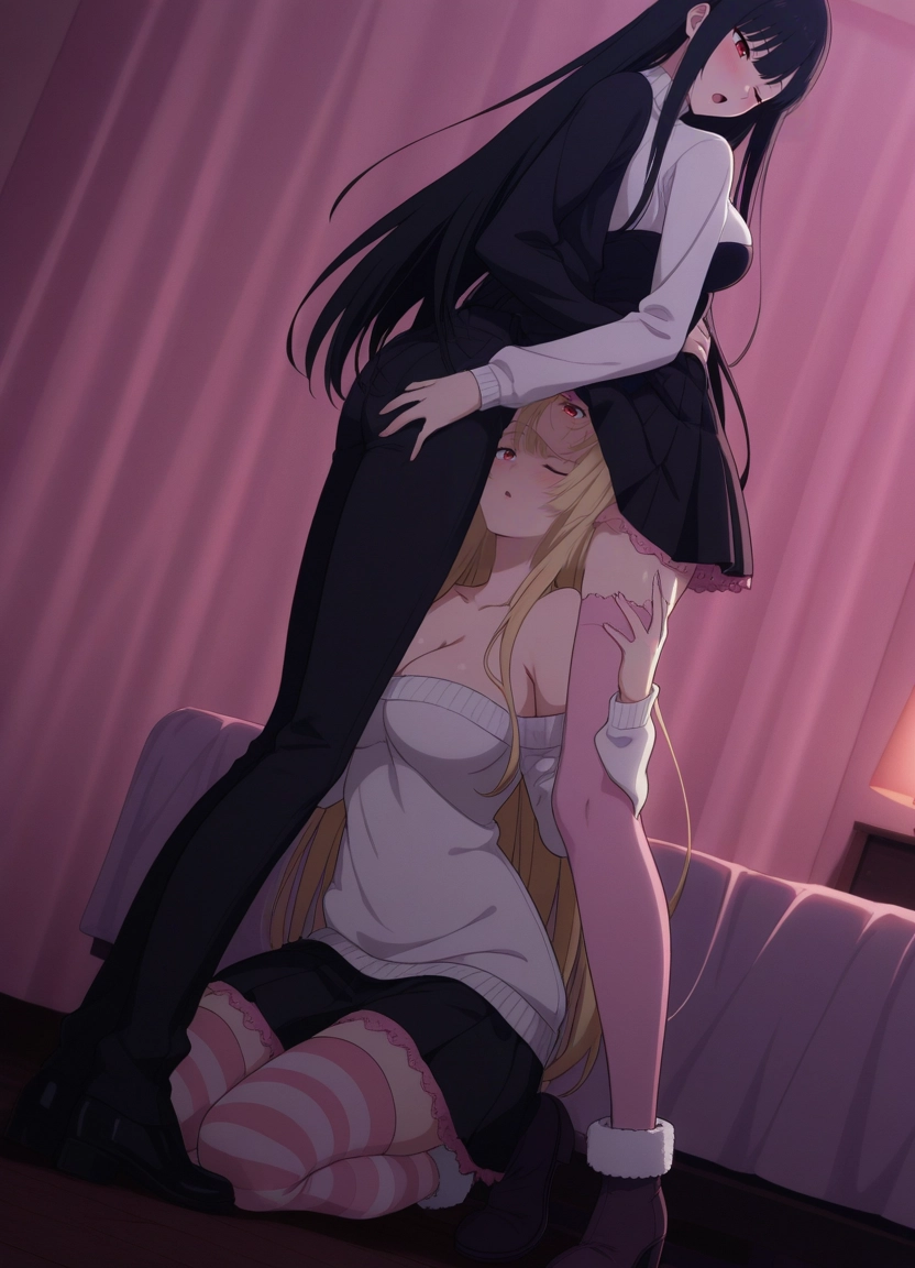 multiple girls, 2girls, yuri, long hair, breasts, thighhighs