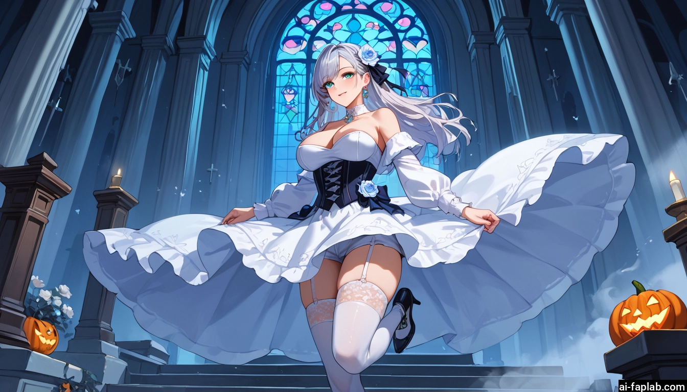 1girl, breasts, thighhighs, dress, white legwear, large breasts · Yamete.gg