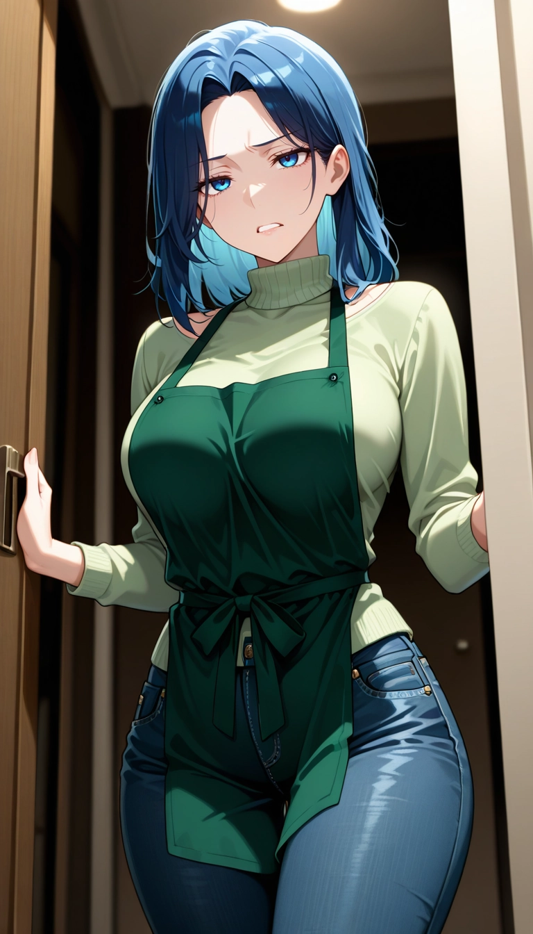 1girl, pants, apron, jeans, blue pants, blue eyes · Yamete.gg