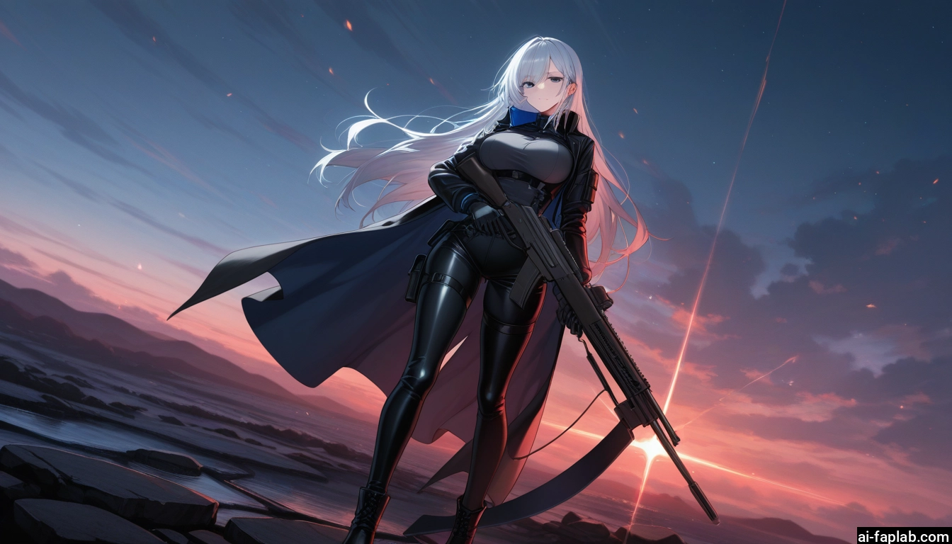 1girl, weapon, gun, long hair, solo, breasts