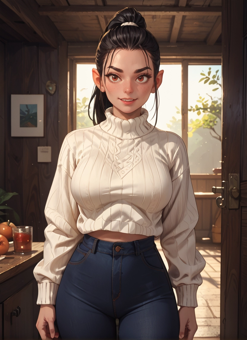 1girl, sweater, pants, solo, breasts, denim · Yamete.gg