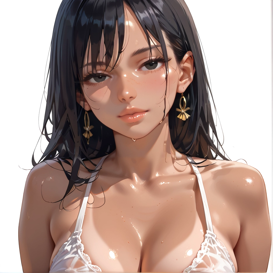 1girl, solo, breasts, wet, black hair, earrings · Yamete.gg