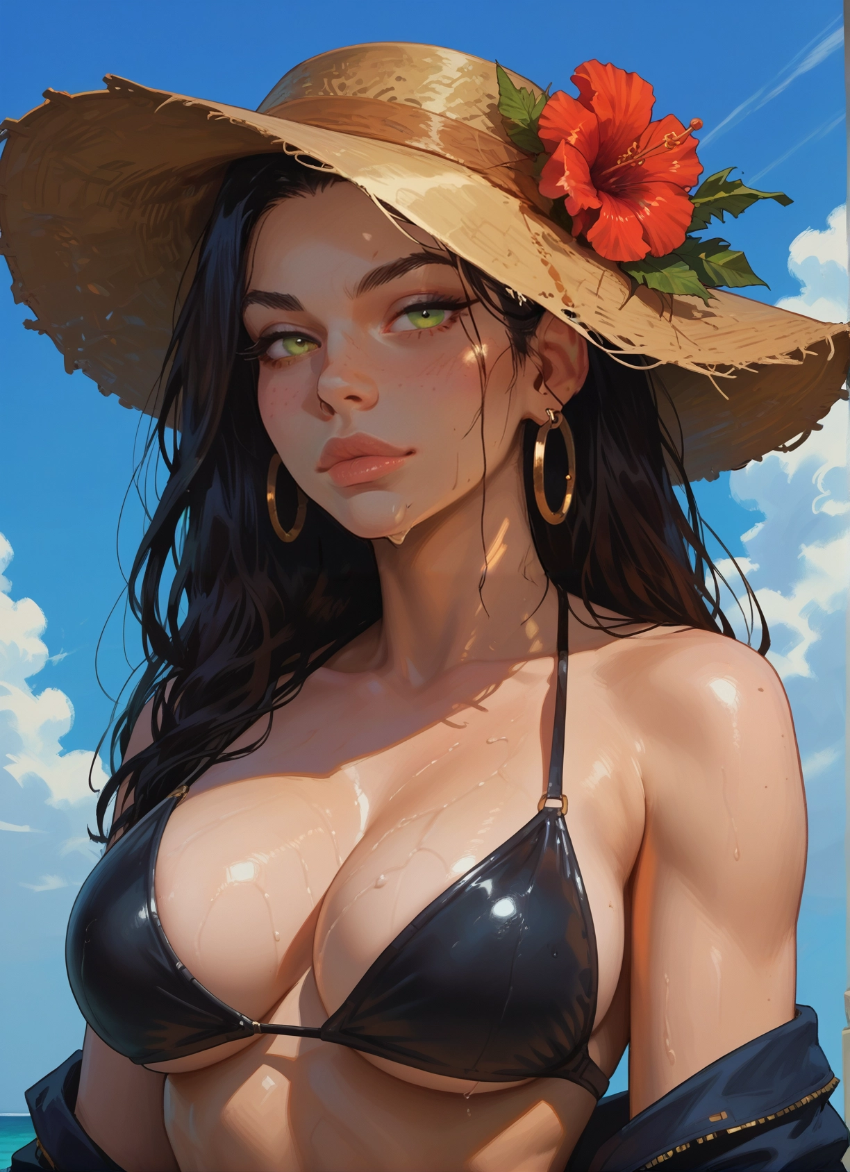 1girl, breasts, swimsuit, hat, bikini, jewelry · Yamete.gg