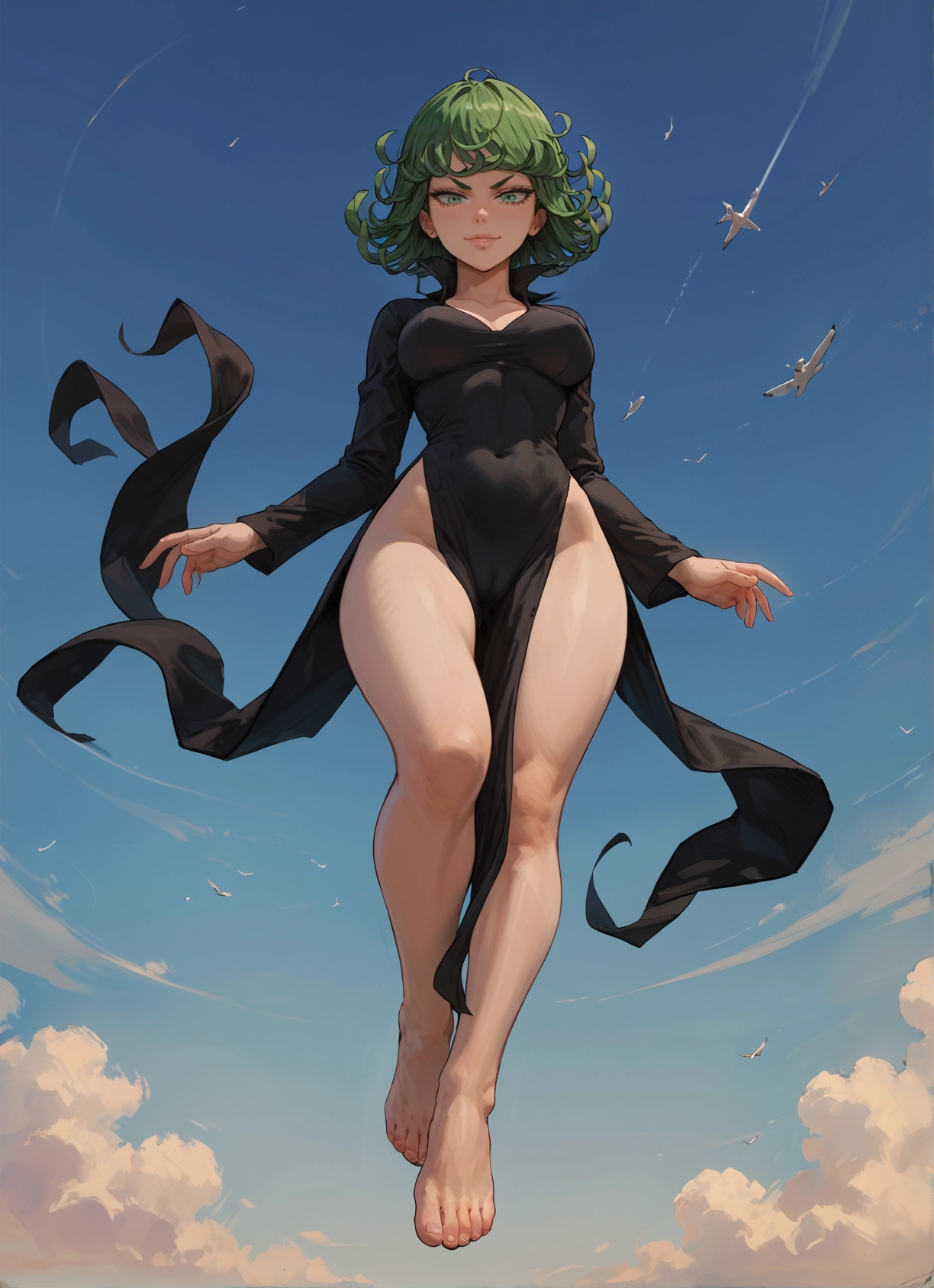 1girl, barefoot, dress, green eyes, breasts, green hair · Yamete.gg