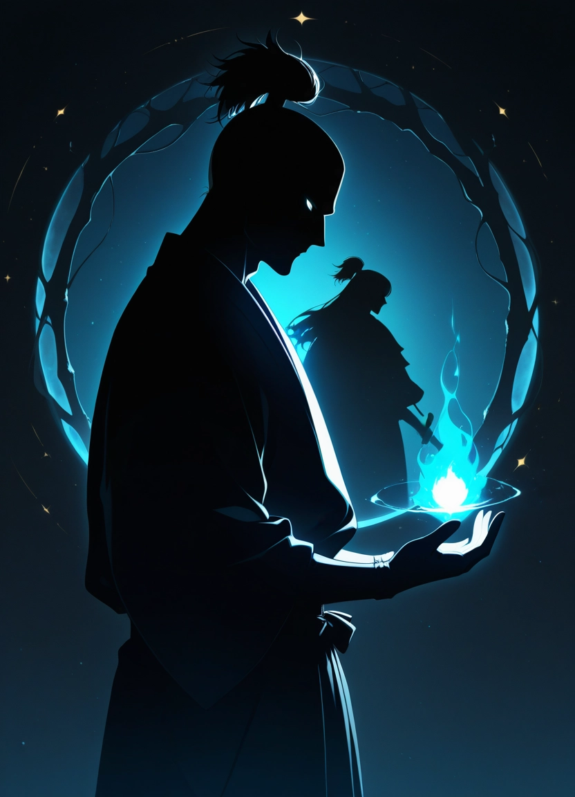 silhouette, glowing, night, sword, japanese clothes, weapon · Yamete.gg