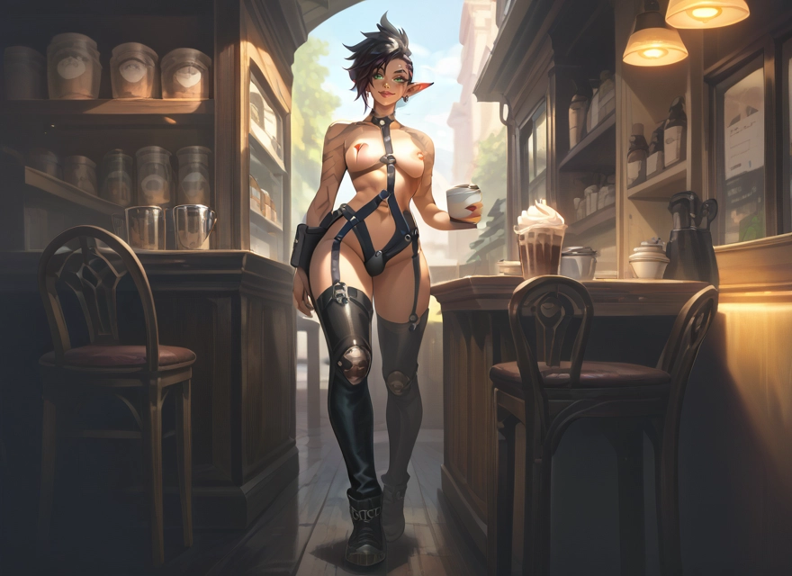 futanari, pointy ears, thighhighs, solo, cup, nipples · Yamete.gg