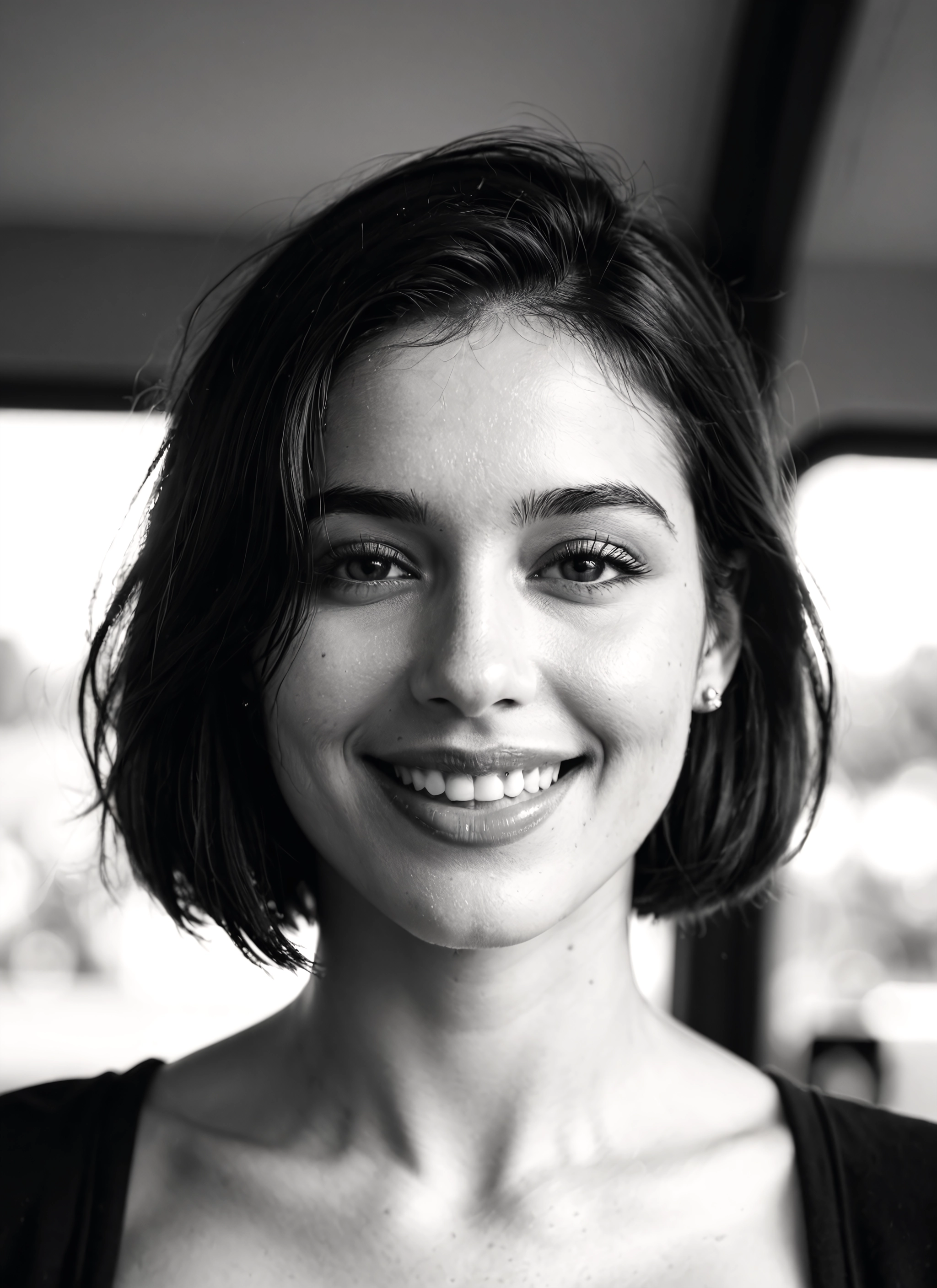 greyscale, monochrome, 1girl, solo, smile, short hair · Yamete.gg