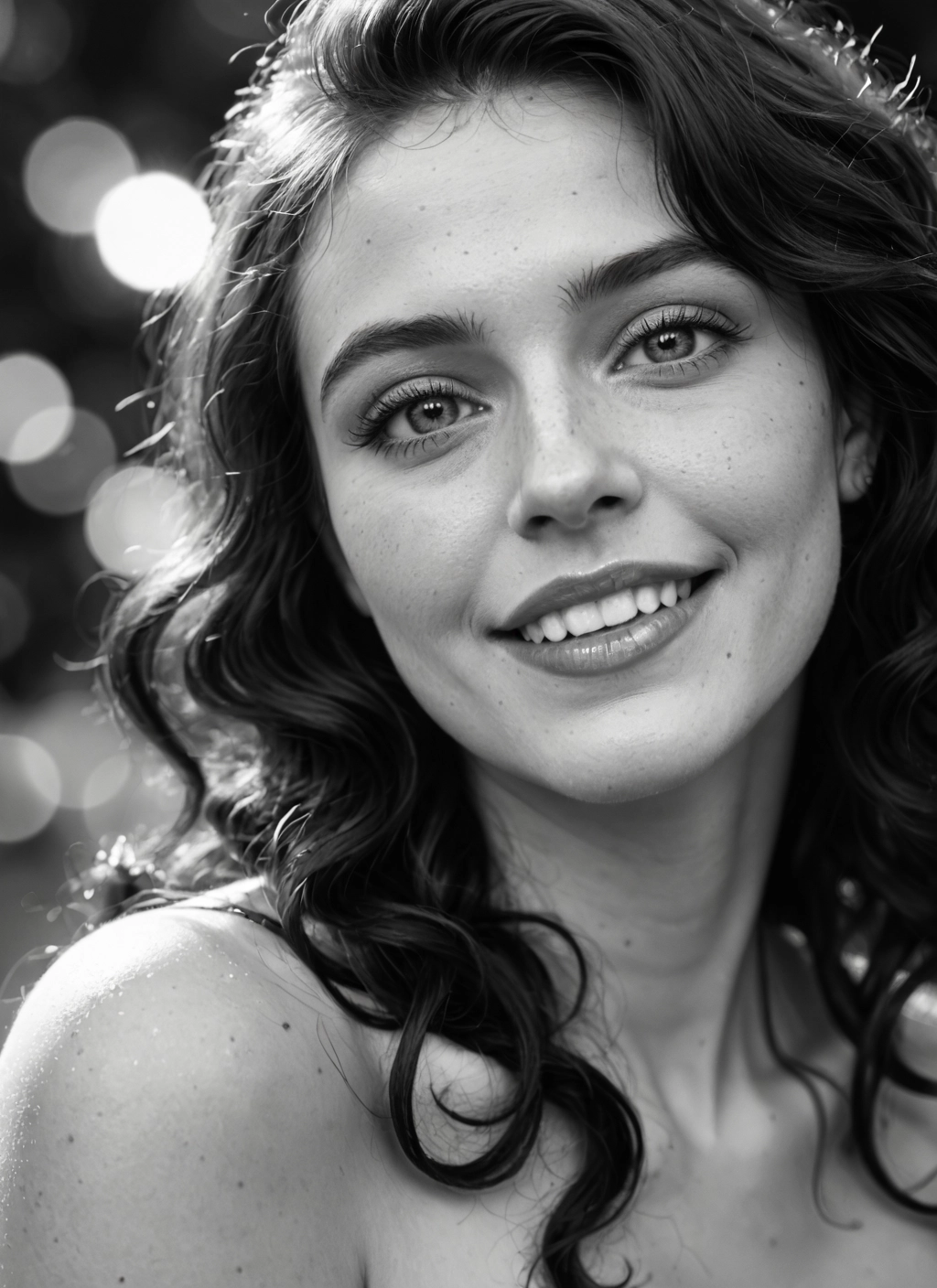1girl, monochrome, greyscale, solo, smile, freckles · Yamete.gg