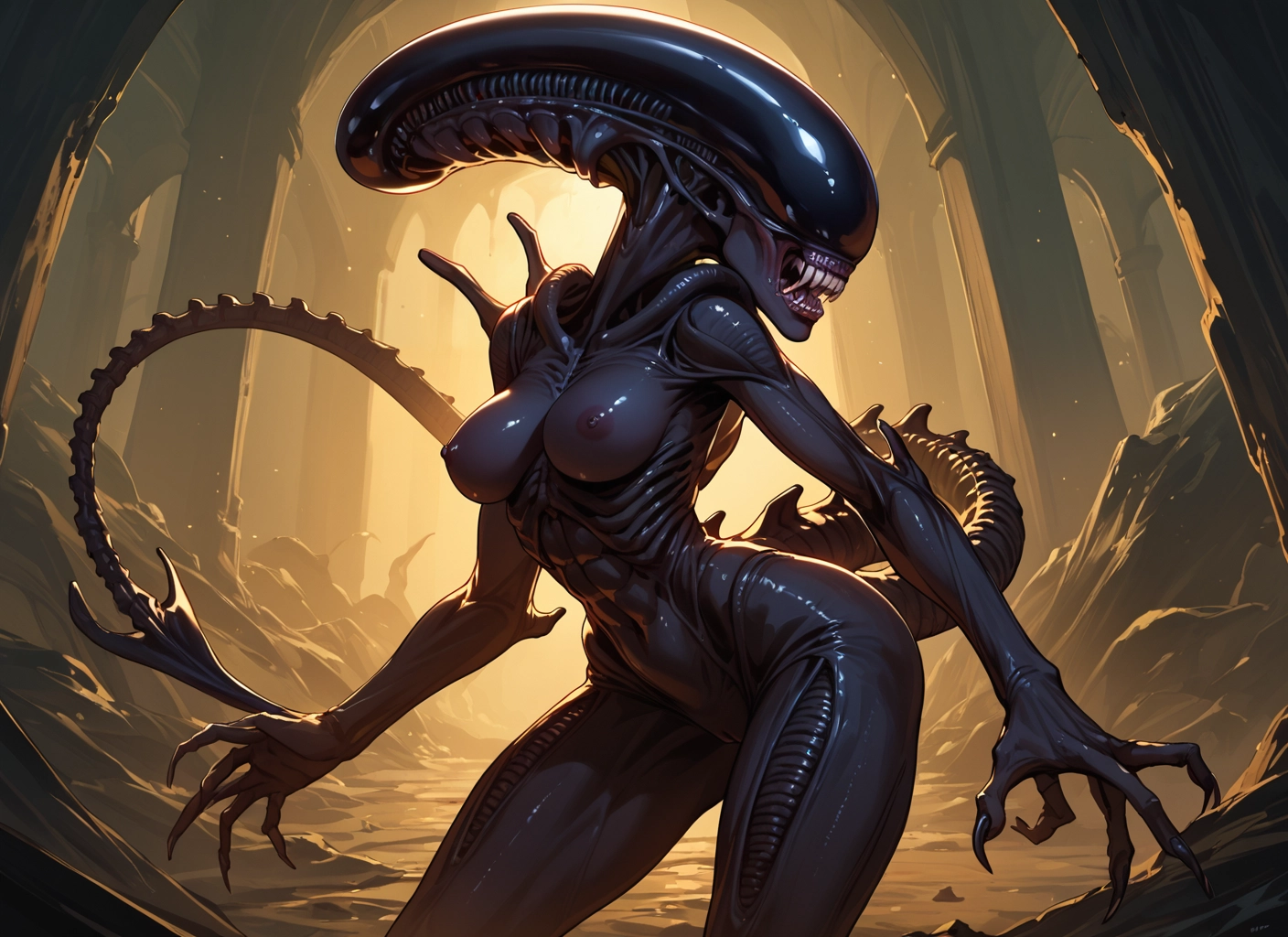1girl, breasts, nipples, teeth, solo, tail · Yamete.gg